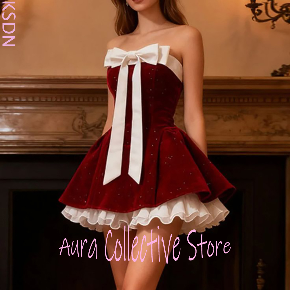 Large Women'S Formal Wear - Minivestido sin tirantes de terciopelo burdeos