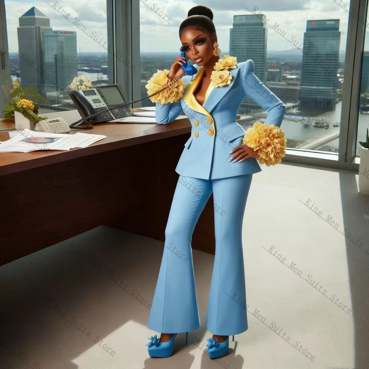 Women Formal Wear Trousers - Conjunto de traje azul claro para