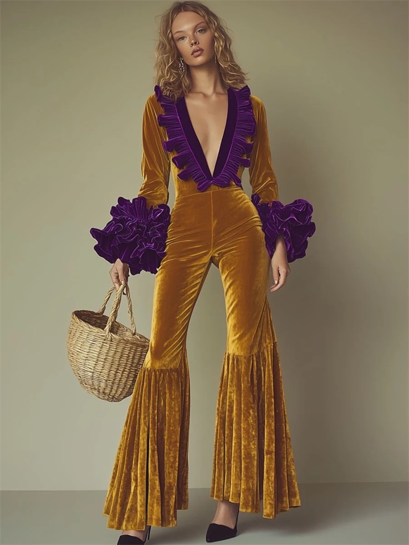 Women'S Formal Jumpsuit Evening Wear - Mono de terciopelo amarillo y morado